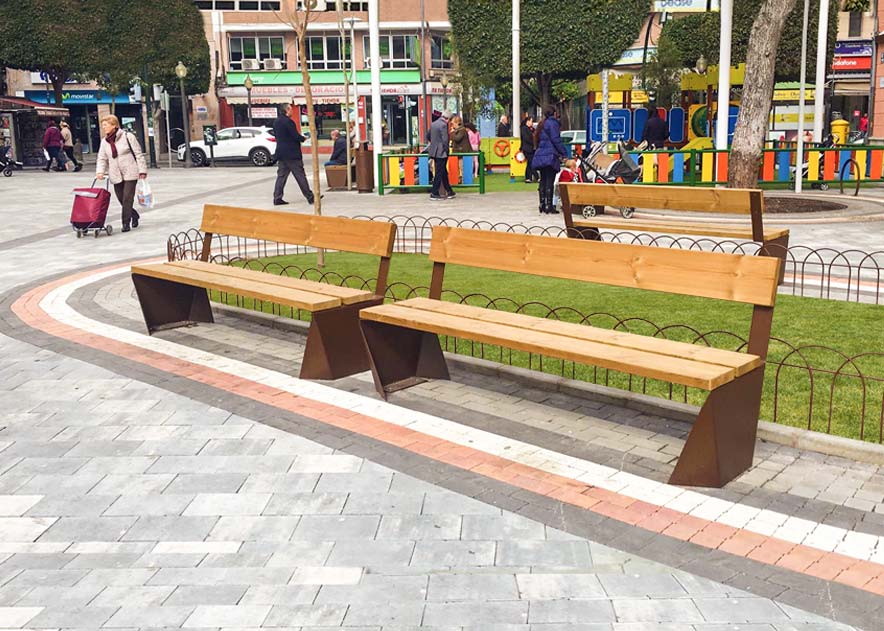Street furniture with benches, litter bins, bollards, planters and equipment , Benches , UB17PT Bench Lao , Lao bench, rustic style but at the same time sophisticated in its design.